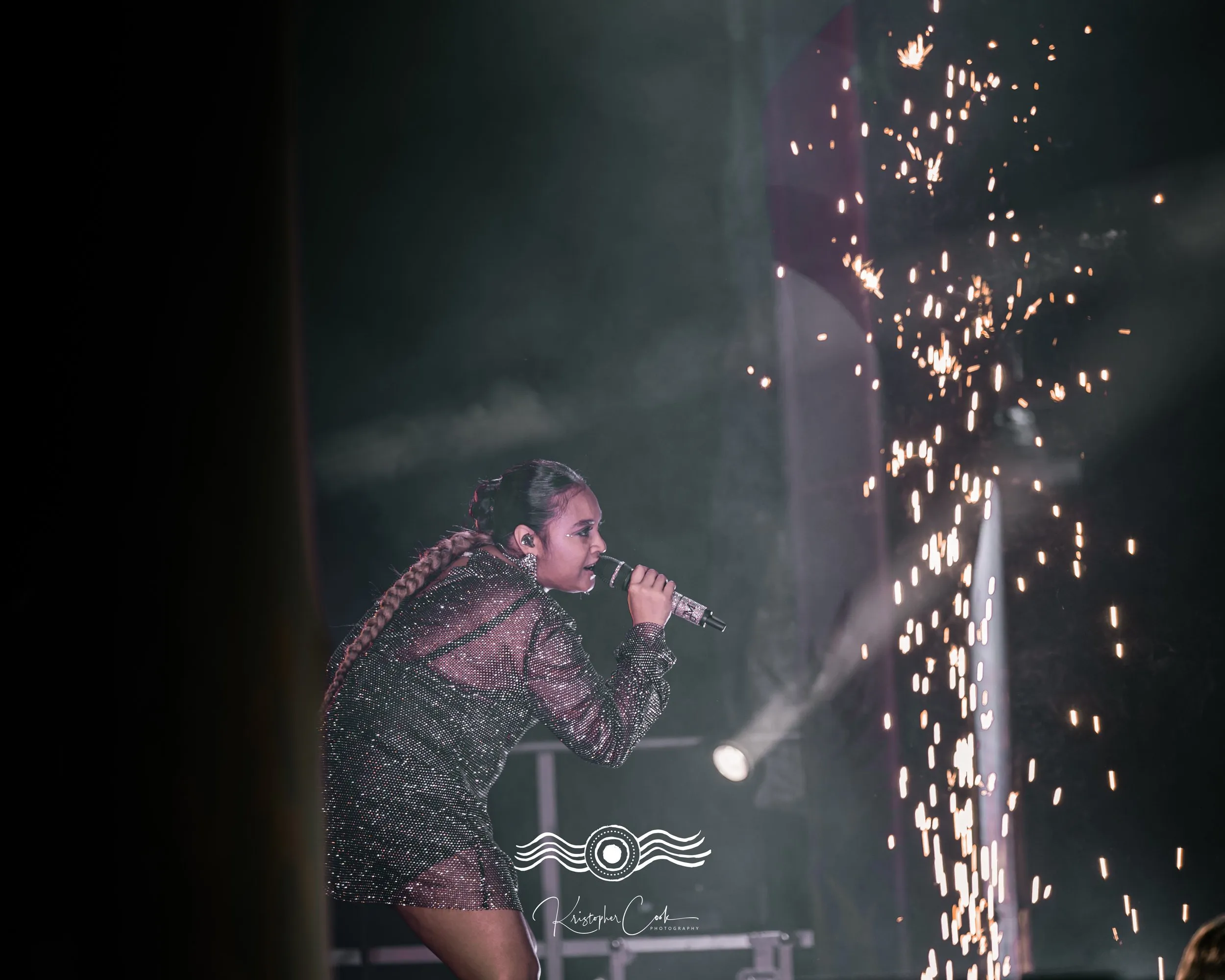 Sparks over the stage at Groove on the Grass, Grafton, 2023, photographed by Kris Cook
